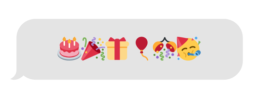 A selection of birthday related emojis in a text message style grey speech bubble