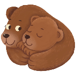 Illustration of a mother bear and her cub cuddling; the mother bear has its eyes open with a gentle smile, while the bear cub is snuggled up with closed eyes. Both look content and cosy. this is the admin den logo.